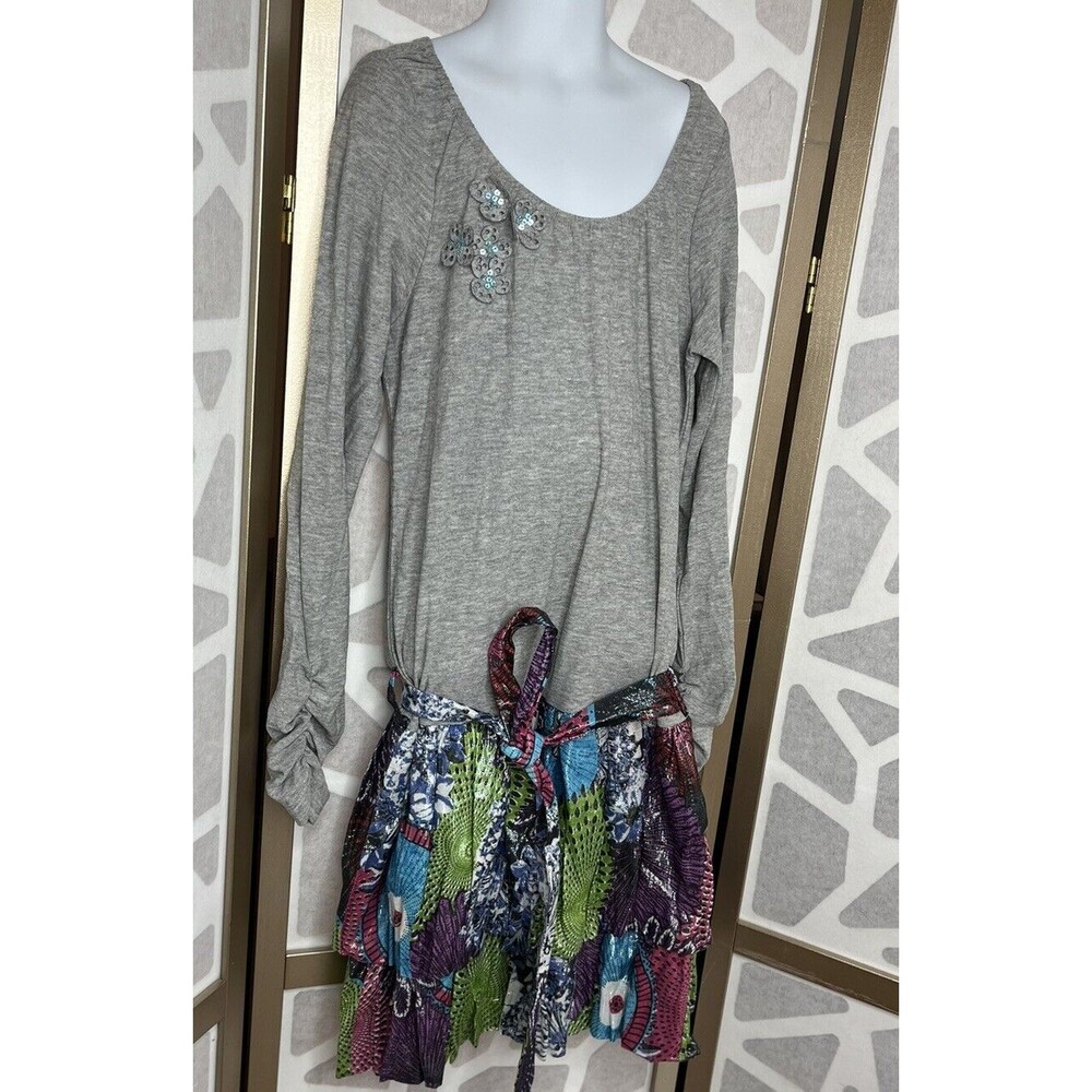 Sophie Catalou Girls Dress 9-10 Gray Dress Long Sleeve Sash Tired Bottom